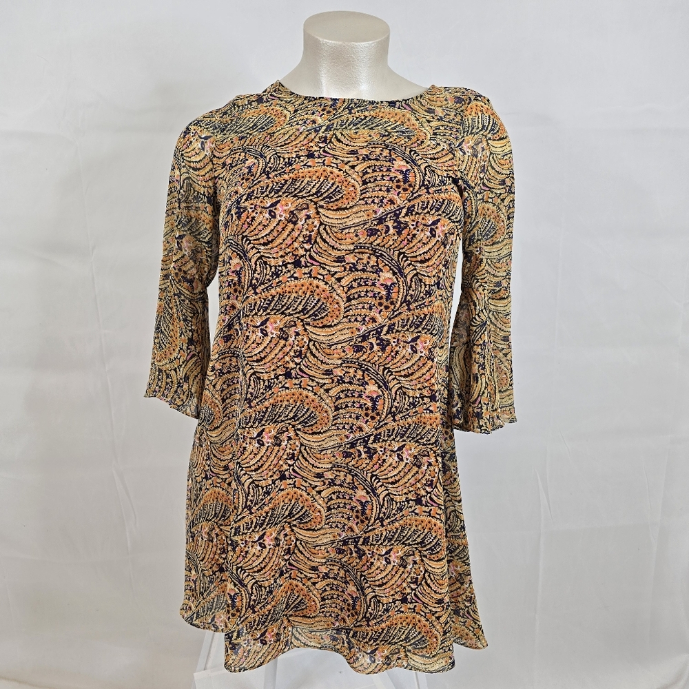 KFTK Kut From The Kloth Paisley Sheer Lined Dress With Bell Sleeves Sz 12